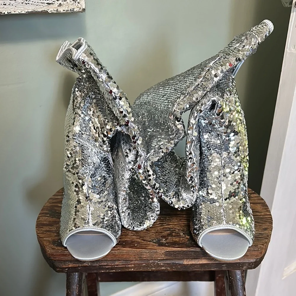 KHPAERMEI Sparkly Thigh High Open Toe Chunky High Heel Boots - Silver Sequin